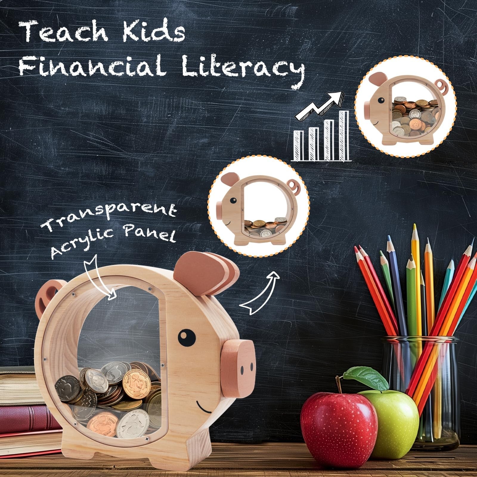 Wooden Piggy Banks for Kids – Crefun HM4241 Wooden Coin Bank Clear