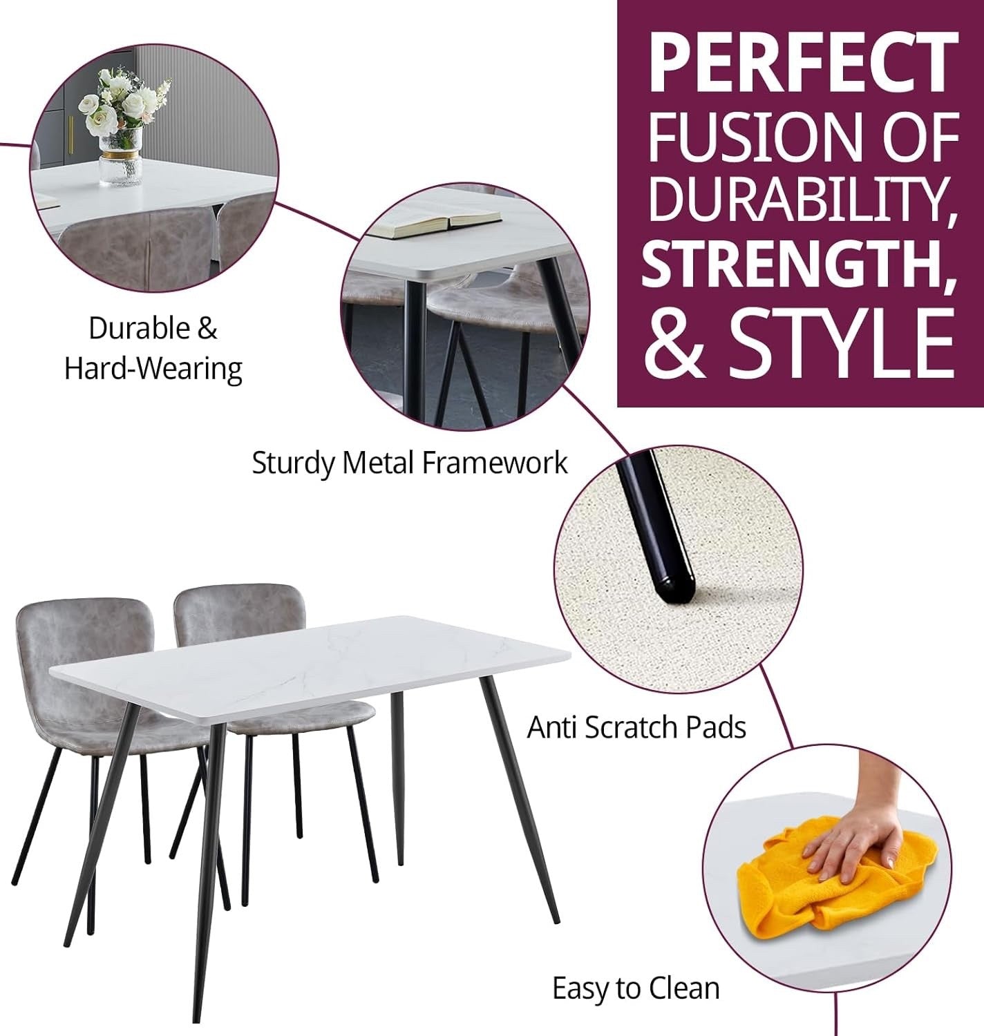 Dining Table, White Marble Effect Top Small Kitchen Table with Metal Legs
