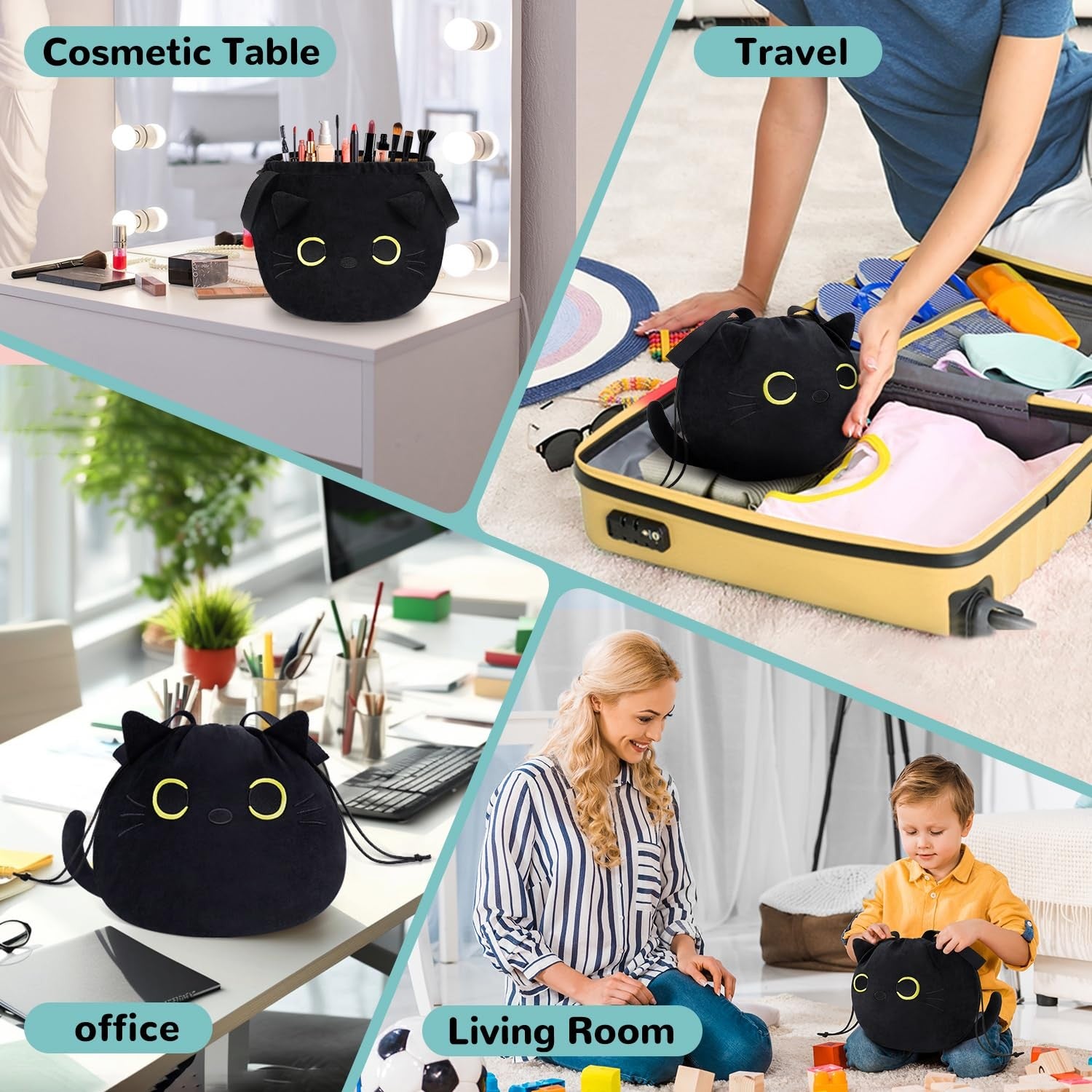 Drawstring Makeup Bag Large Flat Lay Cosmetic Pouch Organizer – Black