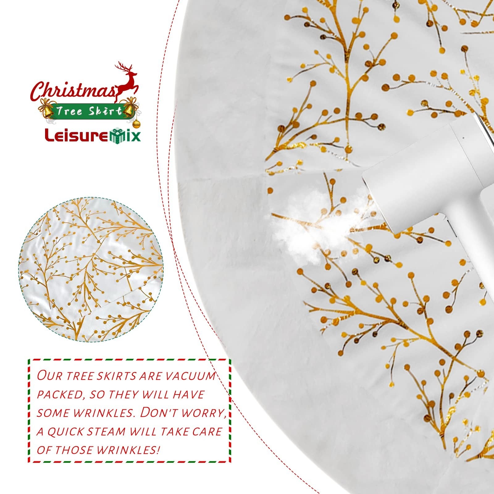 Leisuremix Christmas Tree Skirt 90cm Gold White Xmas Tree