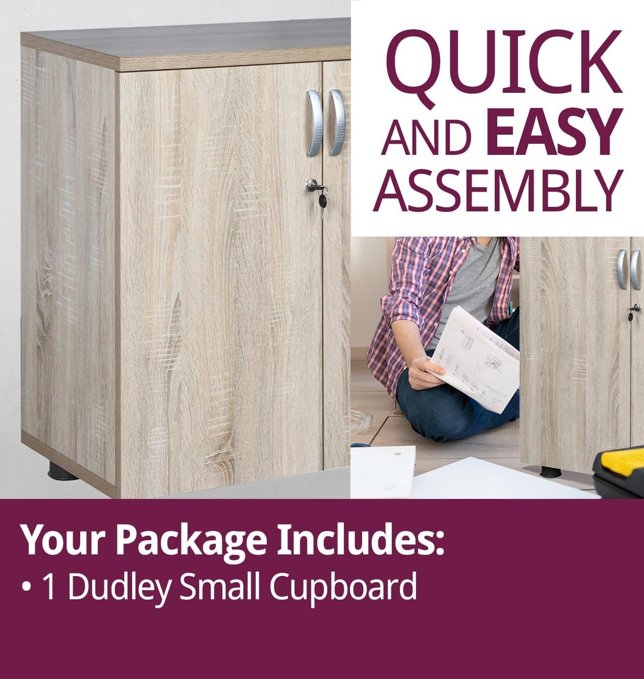 Small Office Cupboard with Laminated Oak Finish, Lockable Cabinet with Shelf,