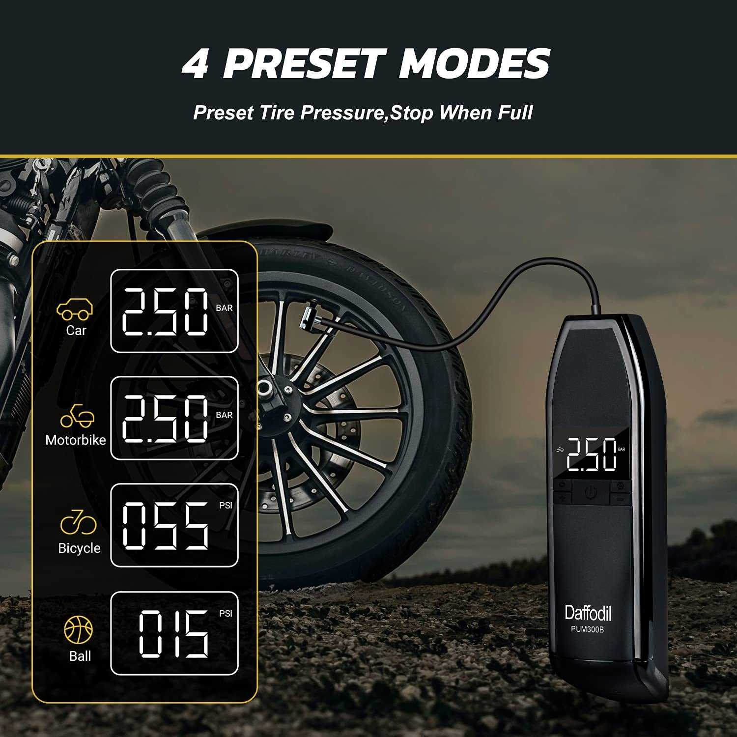 Digital Car Tyre Inflator – Daffodil PUM300 – Preset Portable Air Compressor