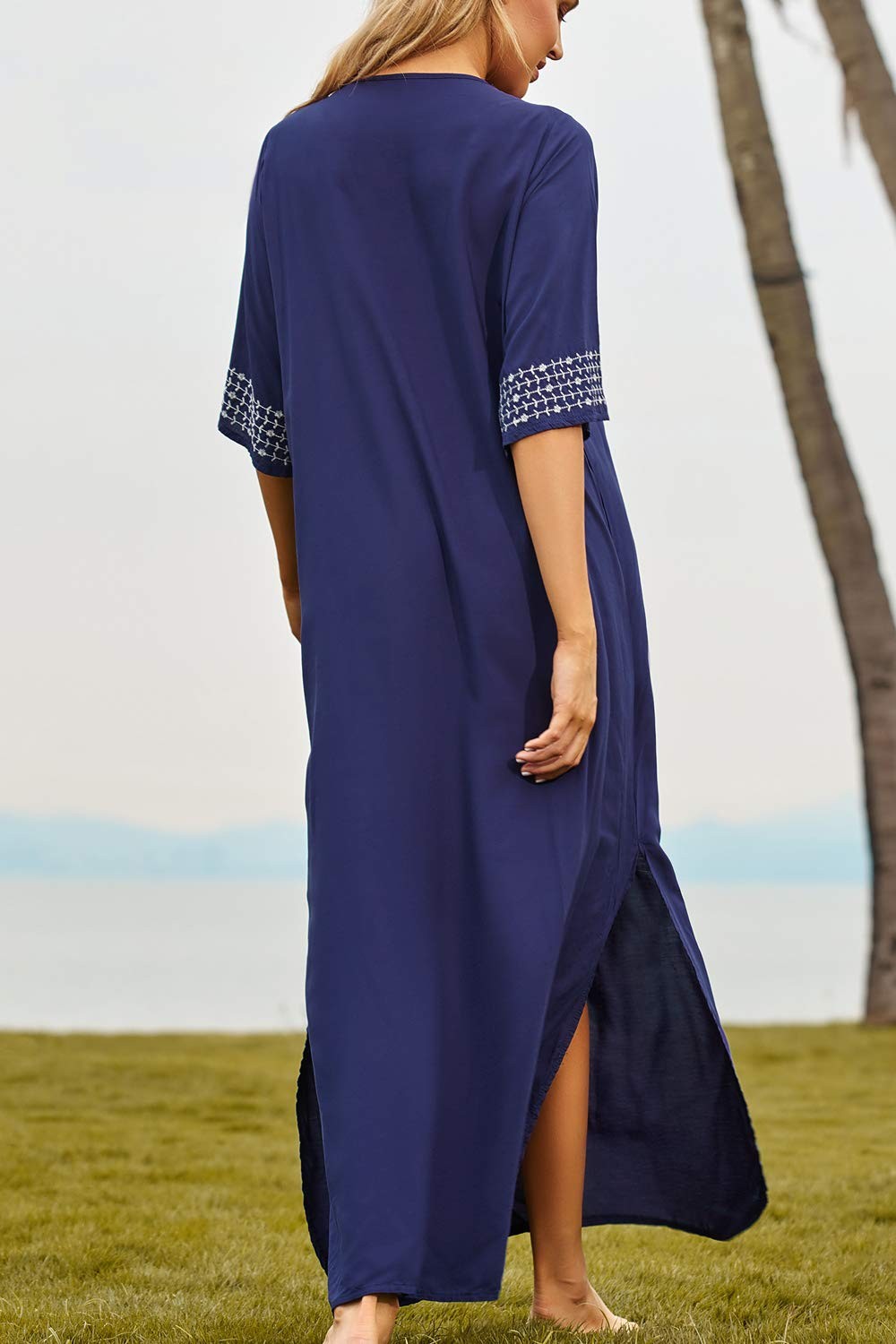Summer Embroidered Floral Loose Caftan Beach Cover Up Dress – Plus Size