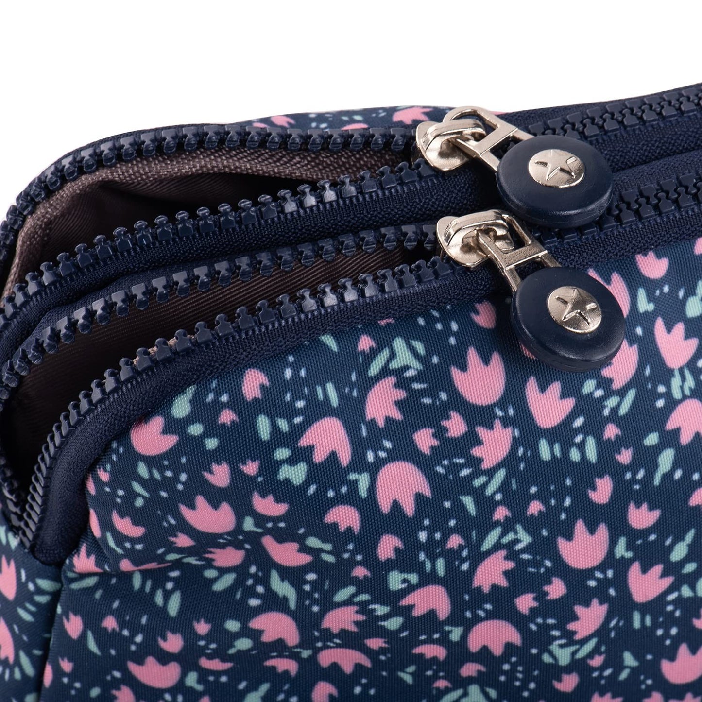 Cross Body Bag Women Multi Pockets Nylon – Blue with Pink Flowers