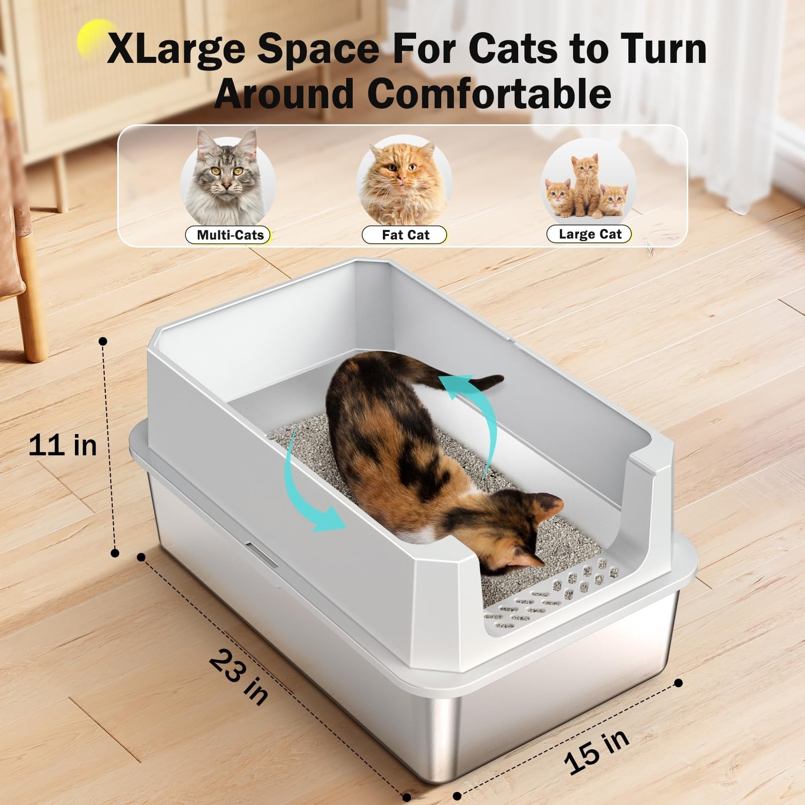MIXJOY XL Stainless Steel Cat Litter Tray with Lid 37 L Extra Large Metal Box