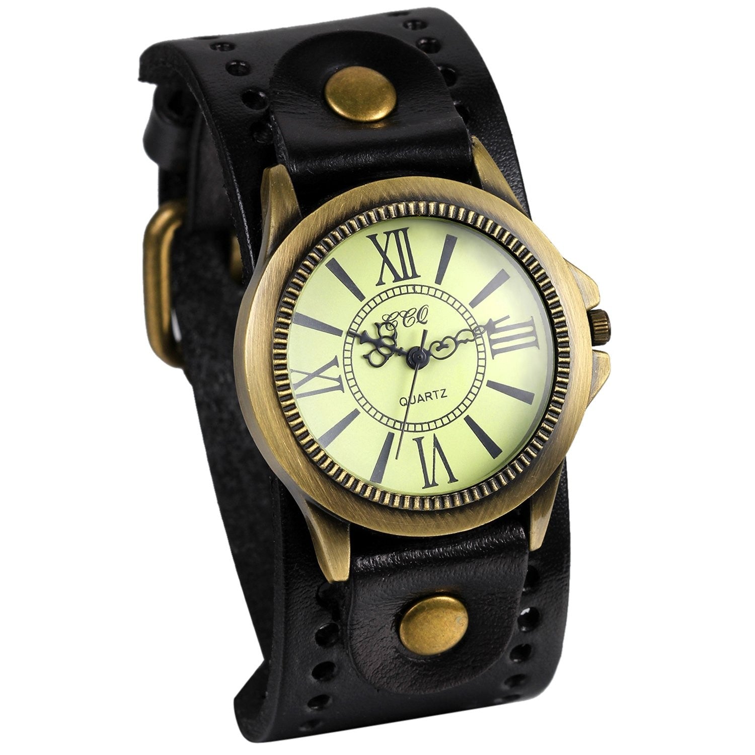 Avaner Leather Bracelet Watch Retro Punk Cuff Watch Roman Numerals Analog Quartz