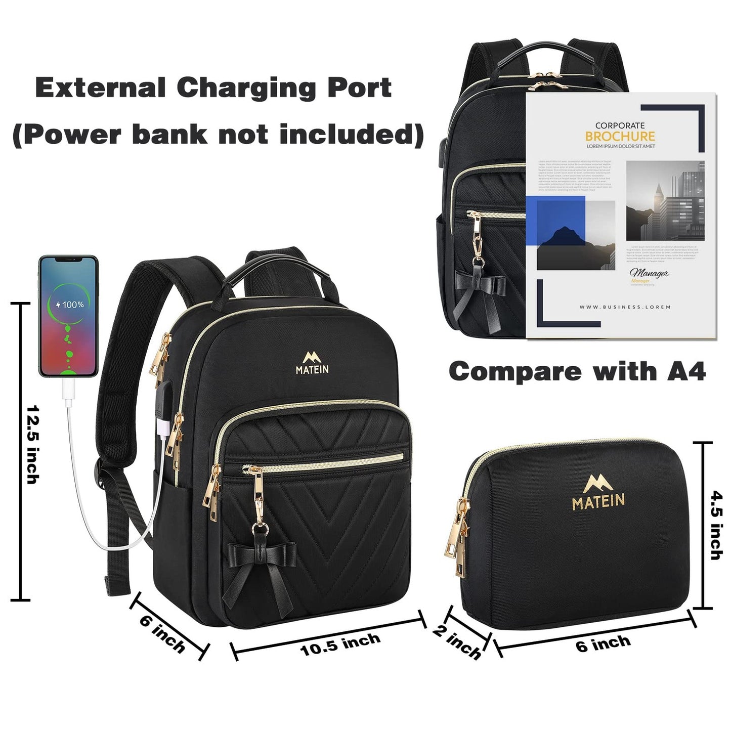 Women’s Small Backpack Lightweight with USB Charging Port – Black 2pcs Set