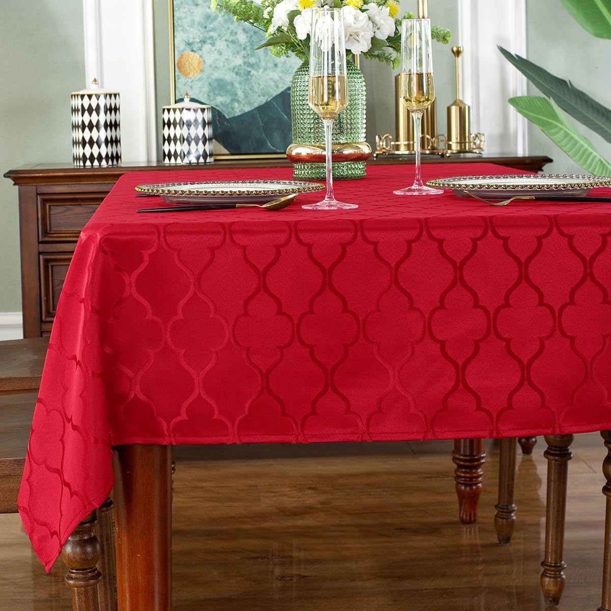 Red Tablecloth Flower Jacquard Table Cloth Spill Proof Dust-Proof Wrinkle