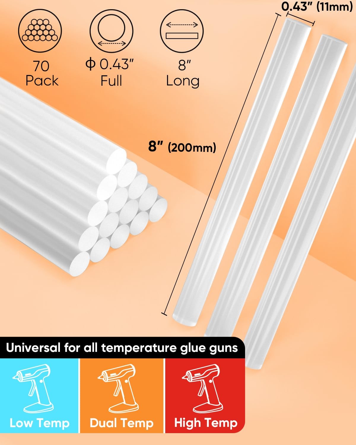 Full Size Hot Glue Sticks, 0.43” Dia x 8” Long(11mm x 200 mm)70-Pack Clear