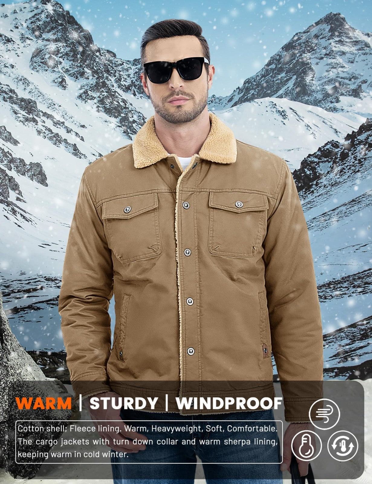 Men's Winter Thermal Trucker Coat Windproof Classic Jacket with Pockets – Khaki