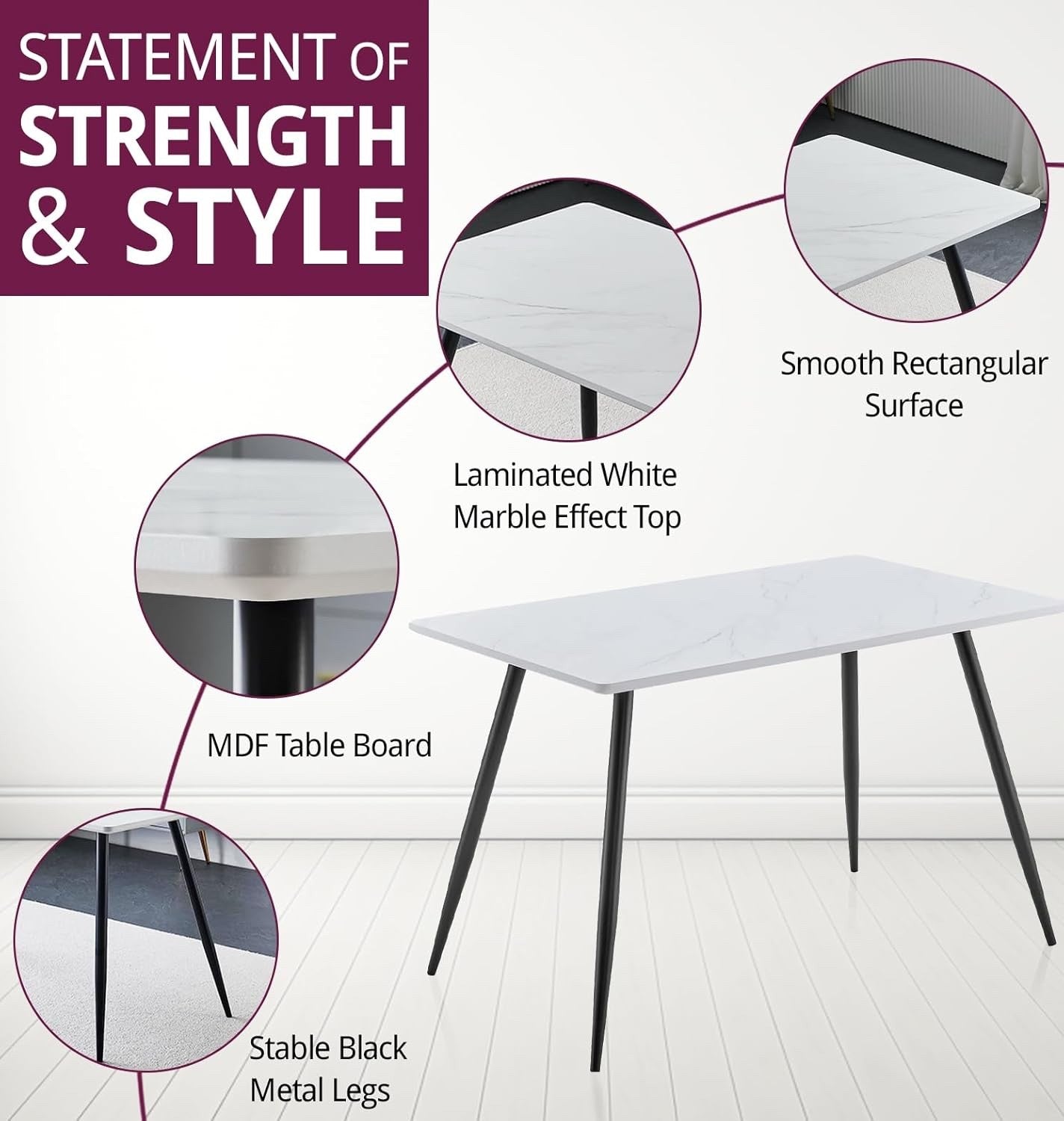Dining Table, White Marble Effect Top Small Kitchen Table with Metal Legs