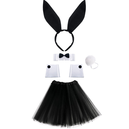 Women's Bunny Costume Set Rabbit Ears Headband & Tutu Skirt – Black