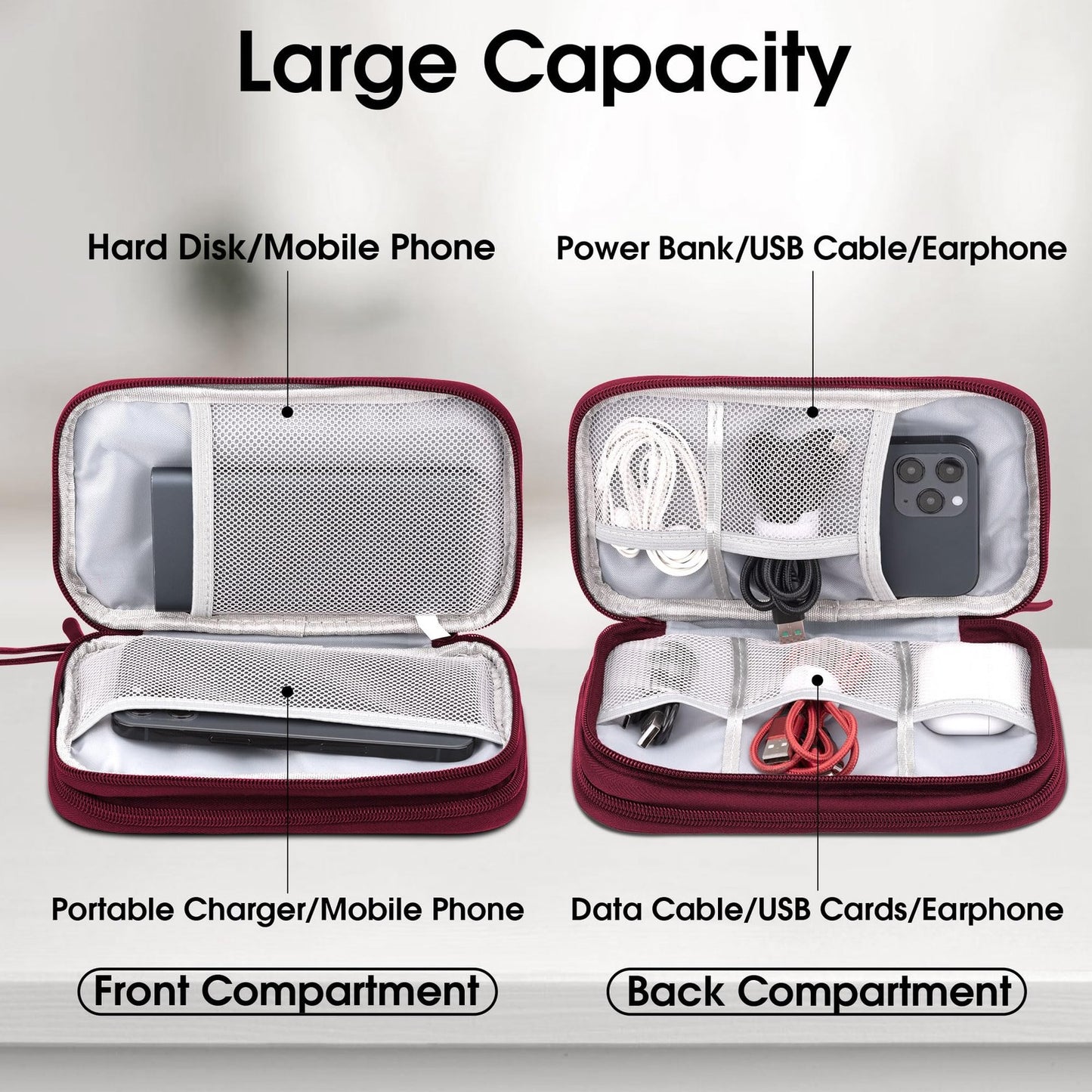 Electronic Accessories Organiser Travel Cable Bag – Wine Red