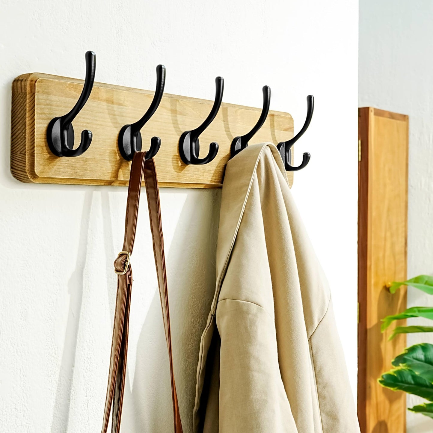 Heavy-Duty Wooden Coat Rack 5 Double Hooks Wall Mounted