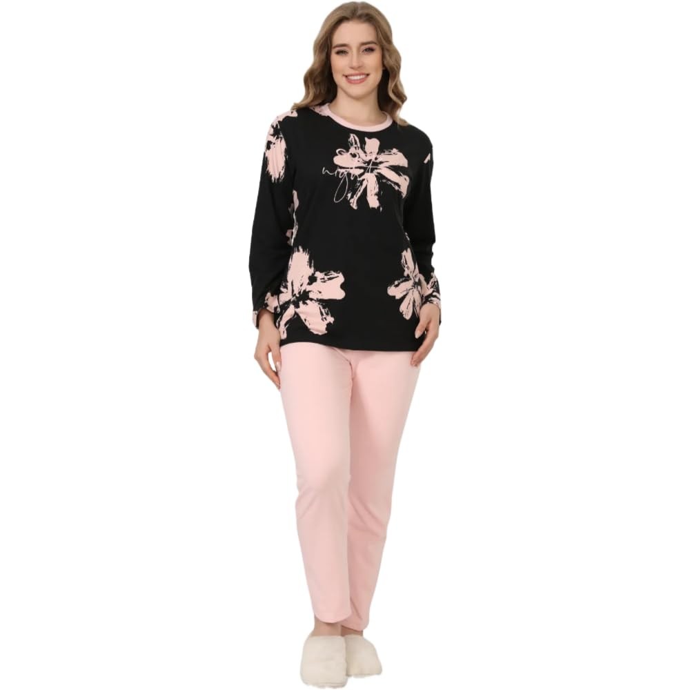 Women’s Winter Pyjama Set Floral Print Long Sleeve Loungewear – Black/Pink XL