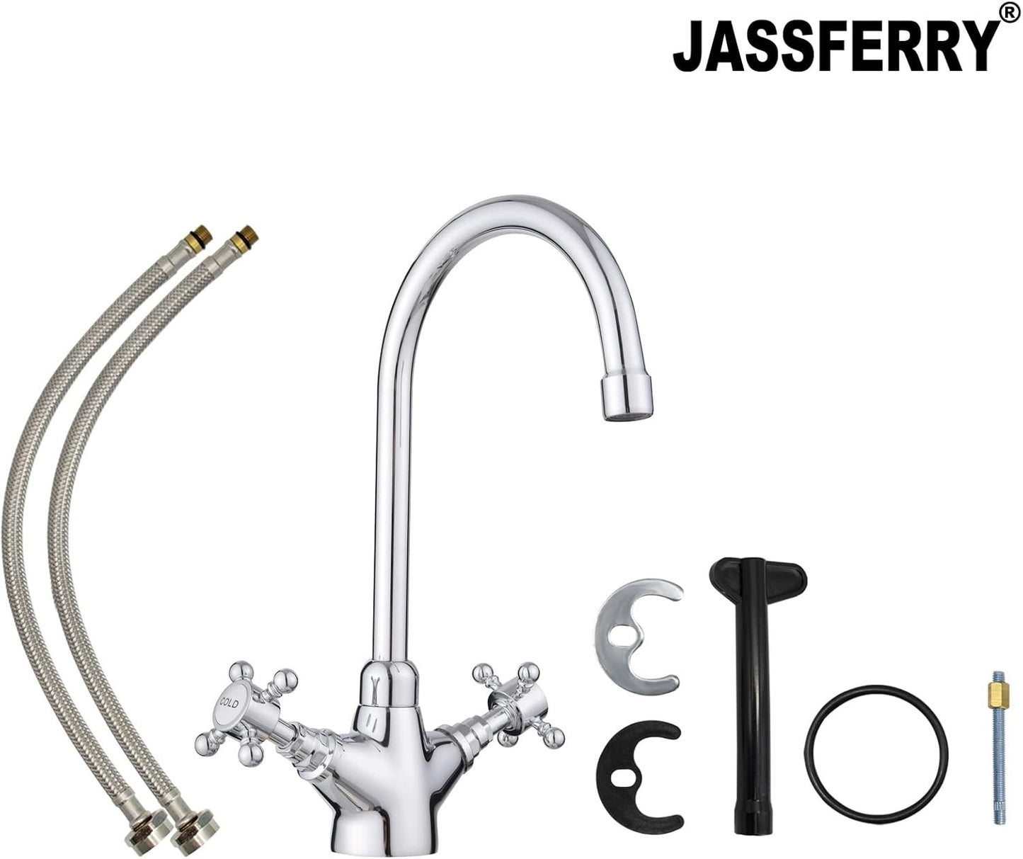 Swan Neck Kitchen Mixer Tap Monobloc Two Crosshead Handles Sink Basin Faucet