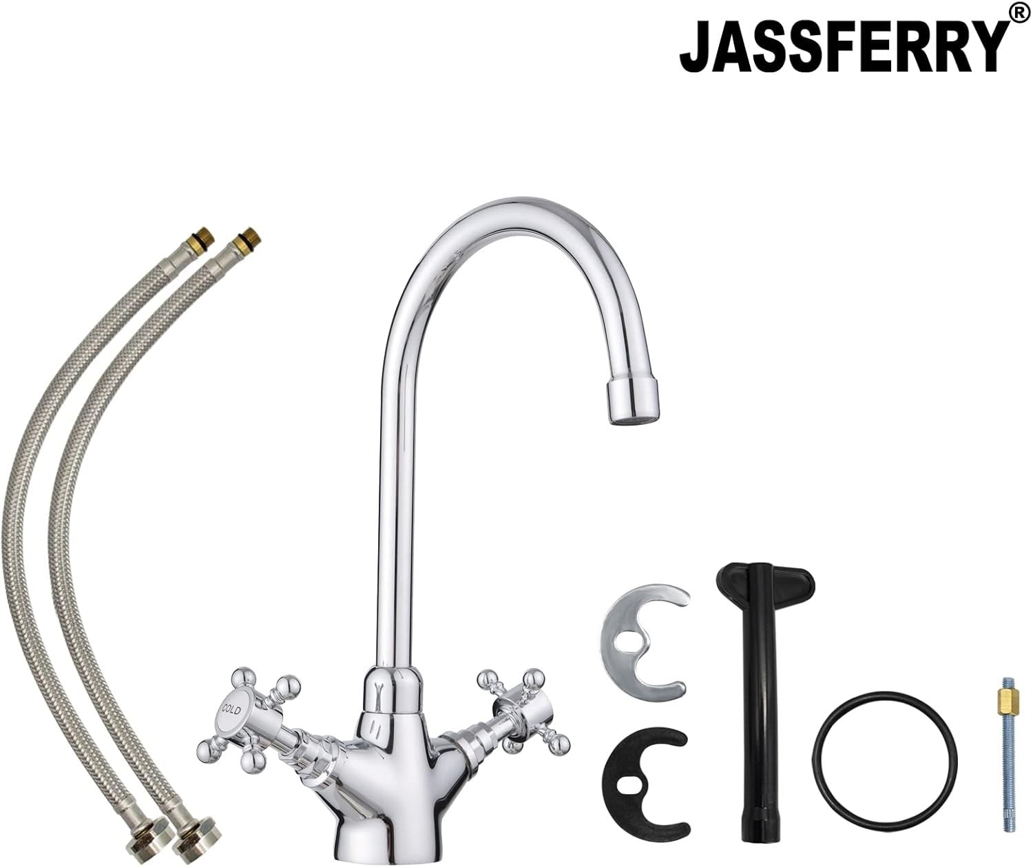 Swan Neck Kitchen Mixer Tap Monobloc Two Crosshead Handles Sink Basin Faucet