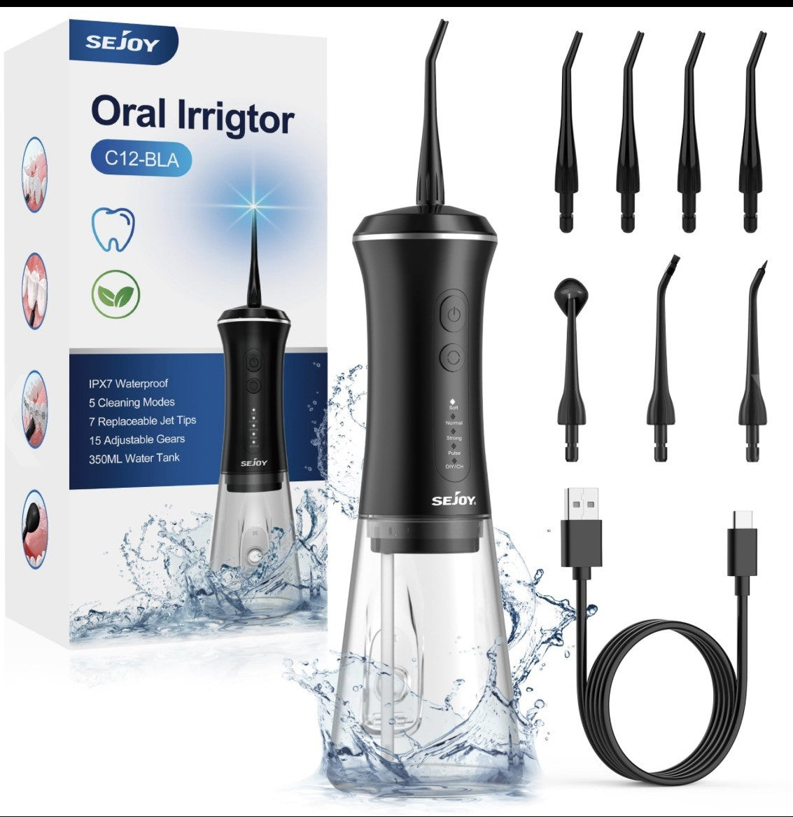 Sejoy C12BLA Professional Water Flosser Oral Irrigator with 5 Modes