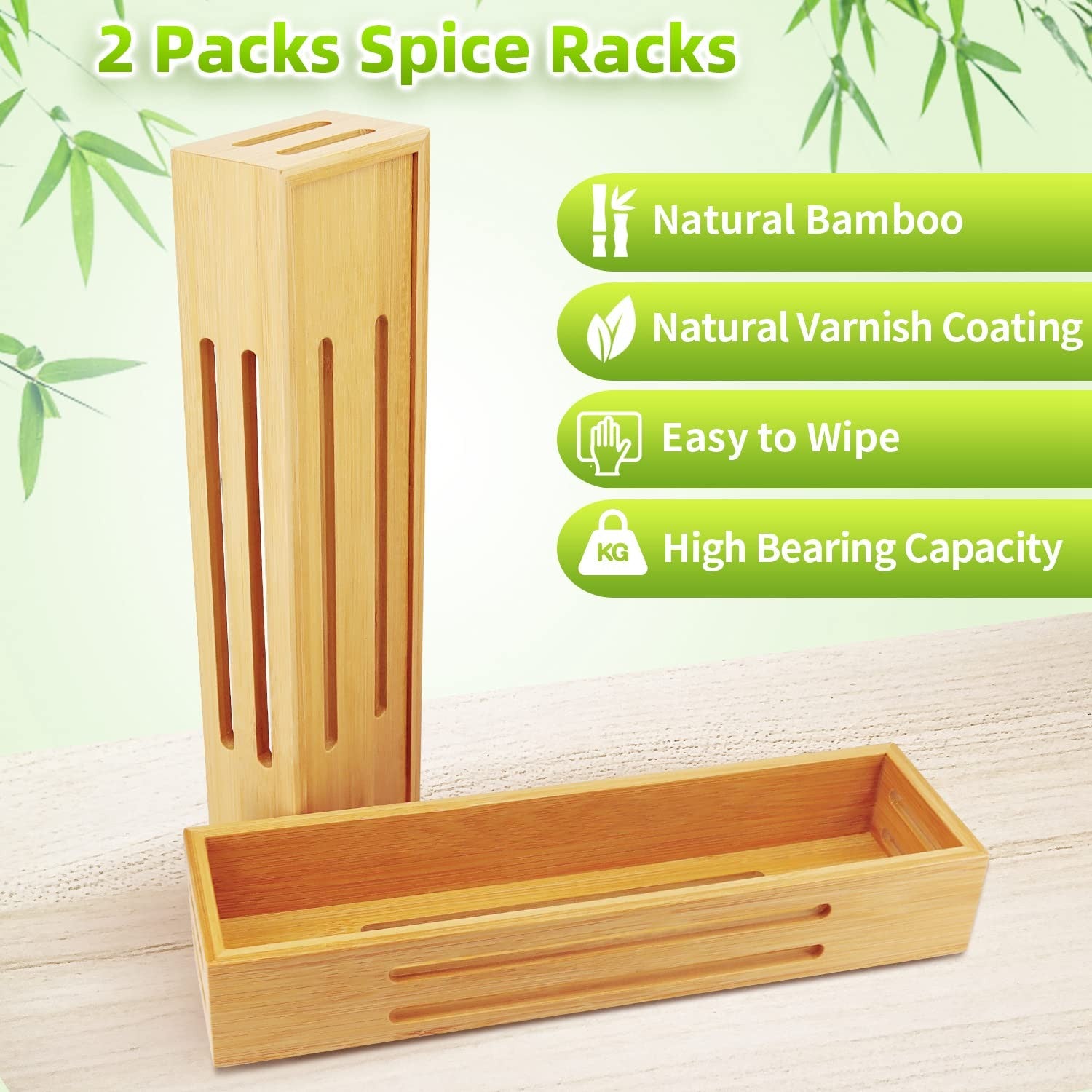 Bamboo Spice Rack Organiser without Self-Adhesive without Drilling - 2Packs