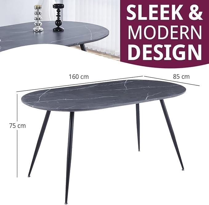 Oval Dining Table with Grey Marble Effect Top and Black Metal Legs