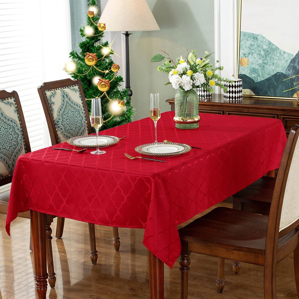 Red Tablecloth Flower Jacquard Table Cloth Spill Proof Dust-Proof Wrinkle