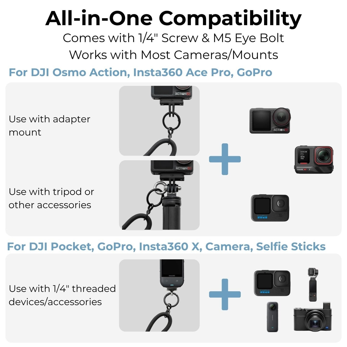 Camera Neck Strap Anti-Drop 1/4" Screw M5 Eye Bolt for GoPro DJI Insta360 Black