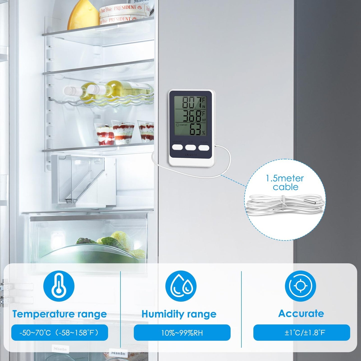Brifit Digital Refrigerator Thermometer Waterproof Probe - MIN/MAX Recording