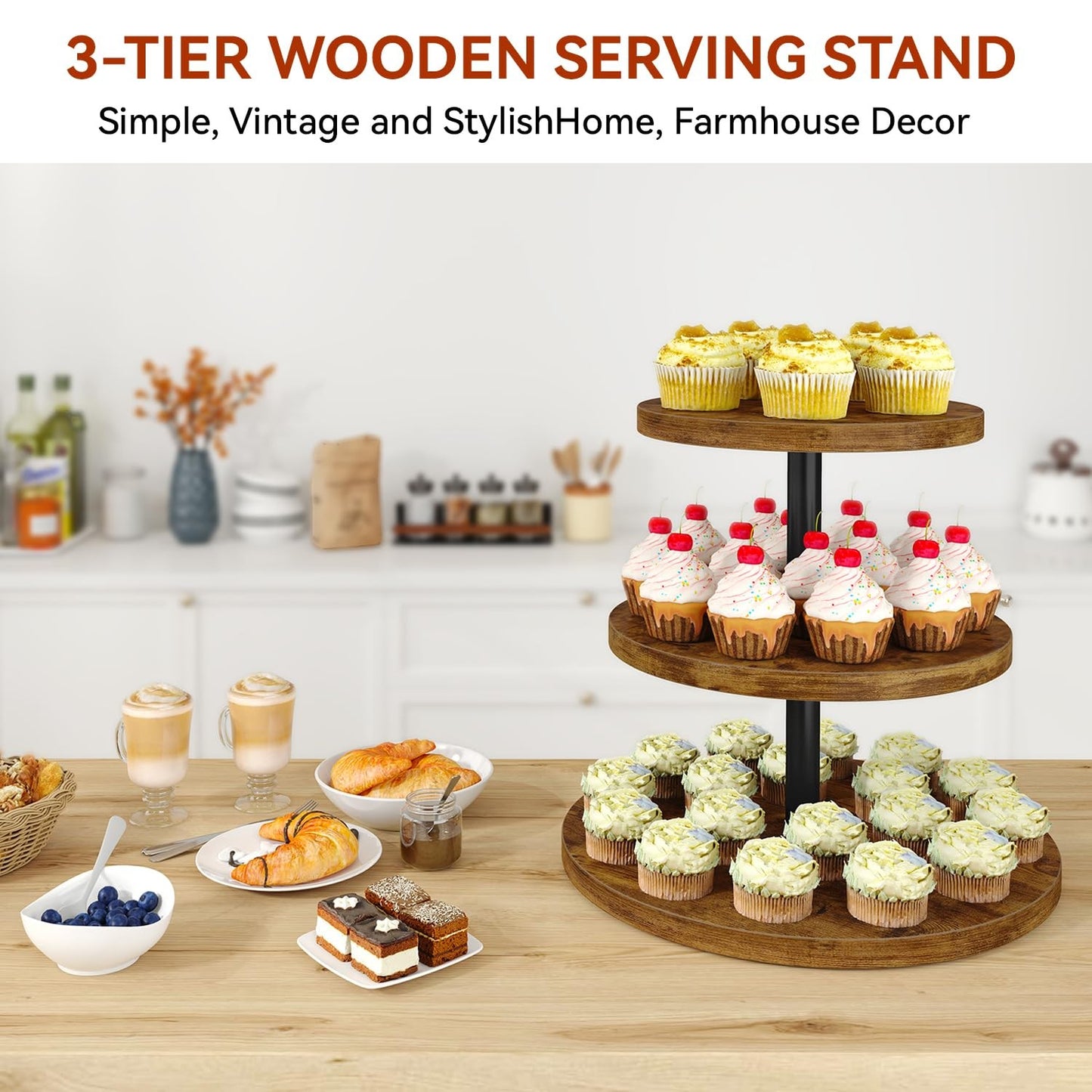 IBUYKE 3 Tier Cupcake Stand, Durable Wood Display Tower Rustic Brown