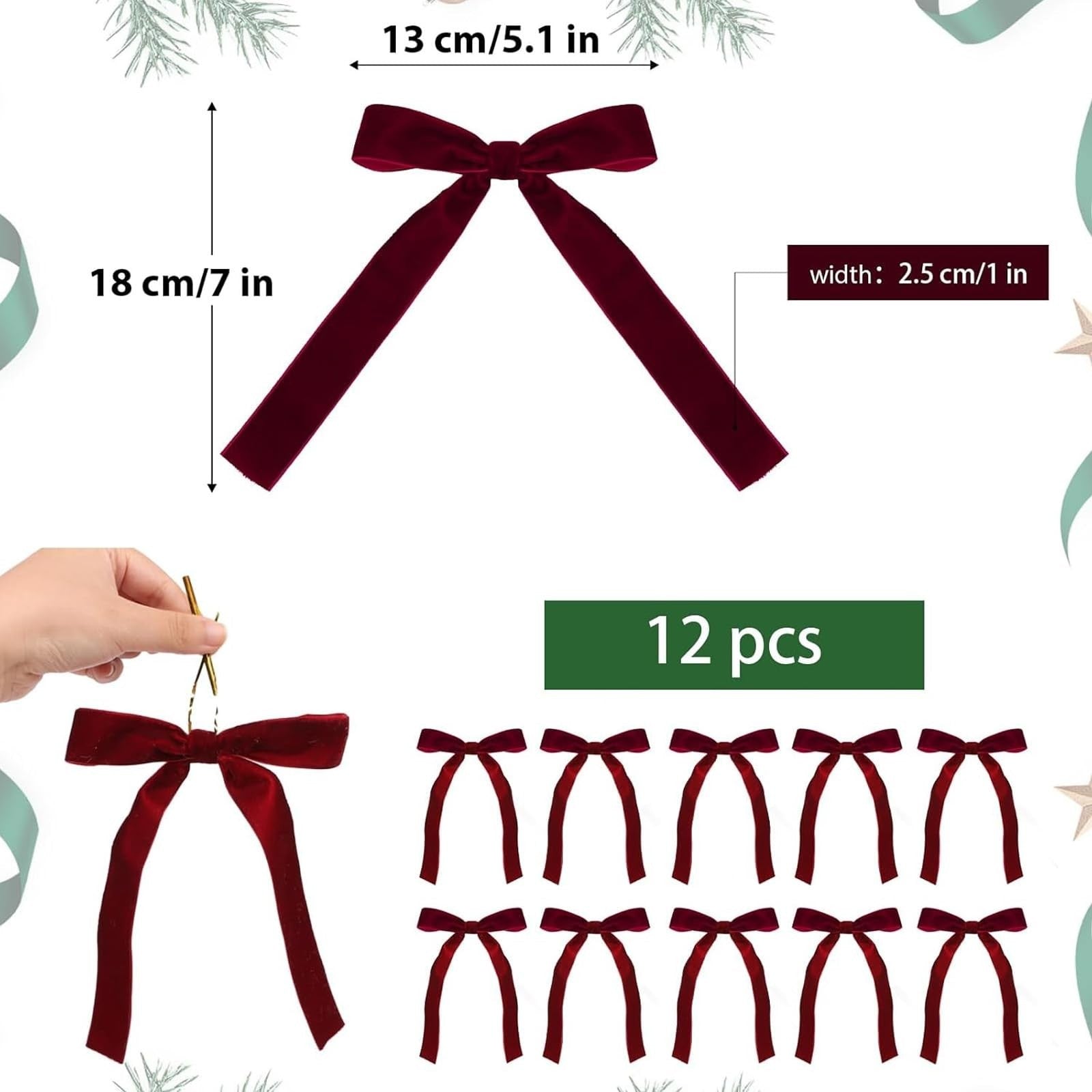 12pcs Burgundy Christmas Tree Decorations Velvet Bows with Twist Ties