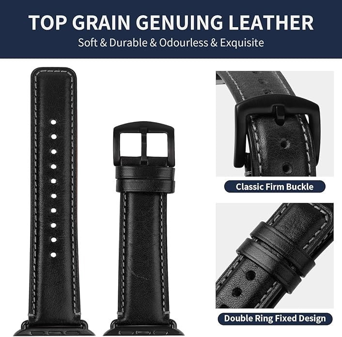 Leather Strap for Apple Watch Compatible 49mm-40mm – Genuine Leather, Black