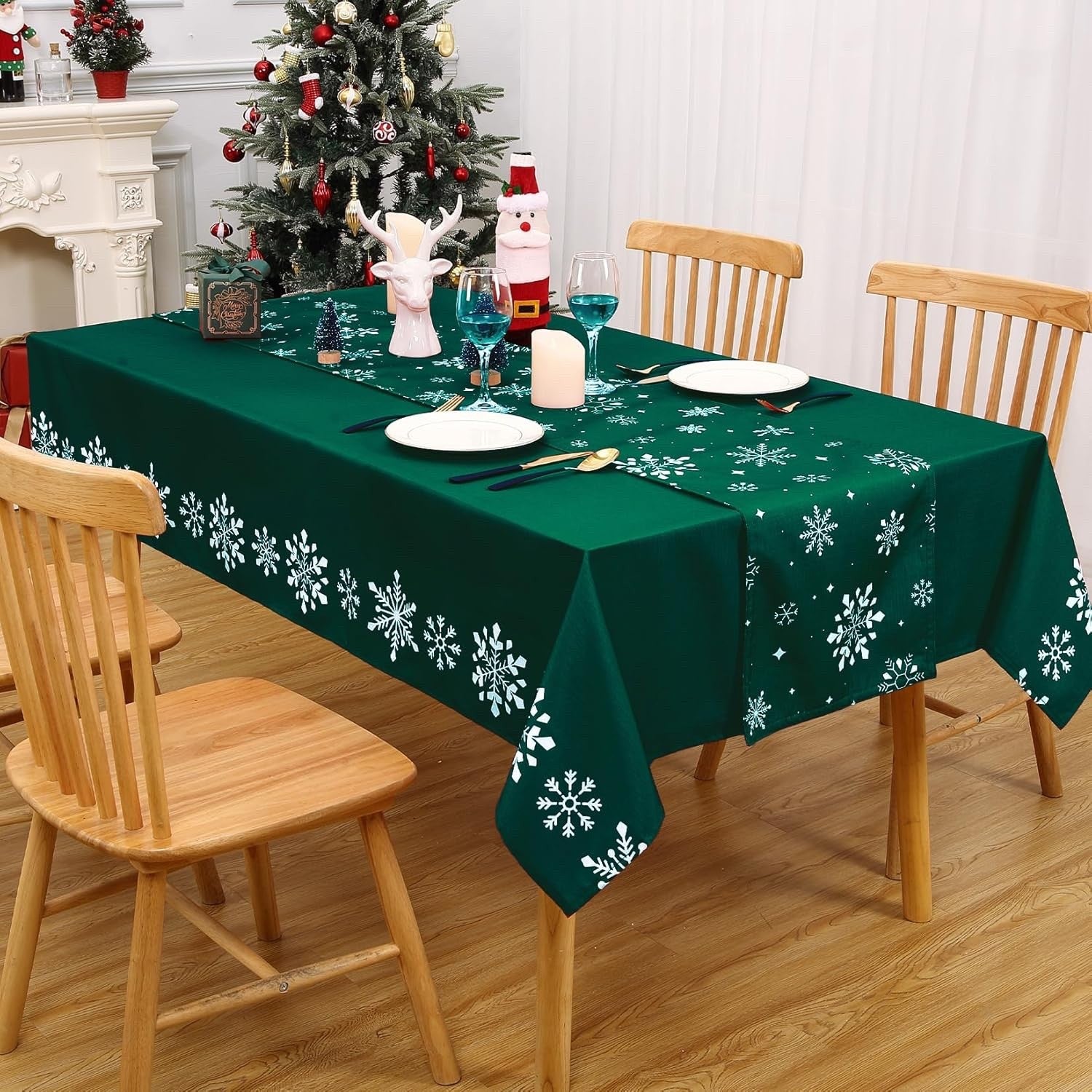 Christmas Table Runner Snowflake Waterproof - Green - Hapterouse