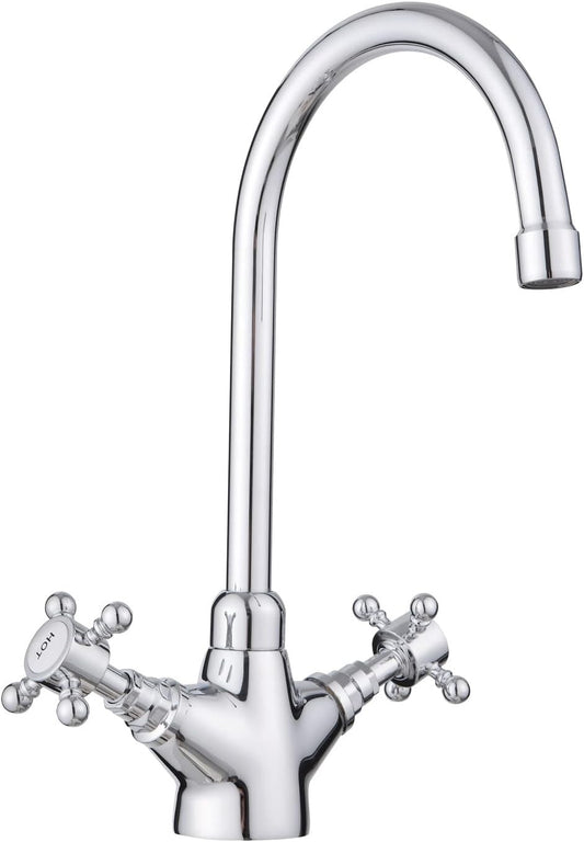 Swan Neck Kitchen Mixer Tap Monobloc Two Crosshead Handles Sink Basin Faucet