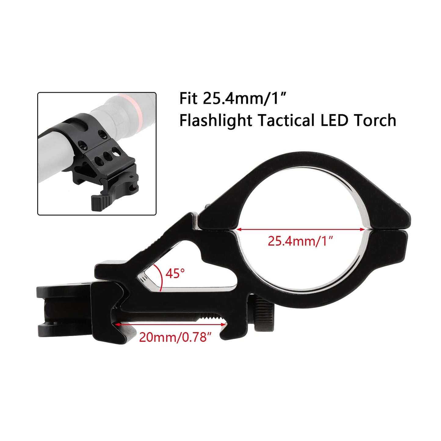 Ring Mount 25.4mm Angled Offset Low Profile QD Picatinny Rail for Flashlight