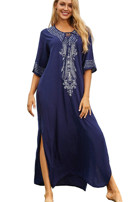 Summer Embroidered Floral Loose Caftan Beach Cover Up Dress – Plus Size
