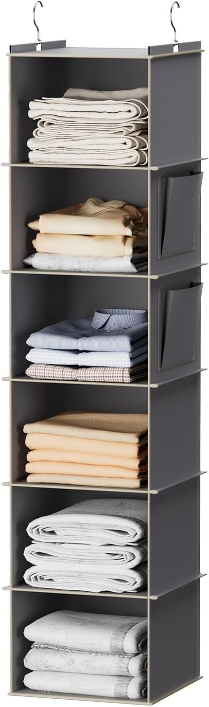 Hanging Closet Organiser 6 Shelves with Side Pockets – Grey