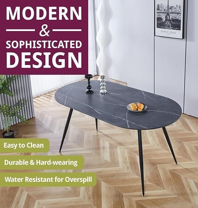 Oval Dining Table with Grey Marble Effect Top and Black Metal Legs