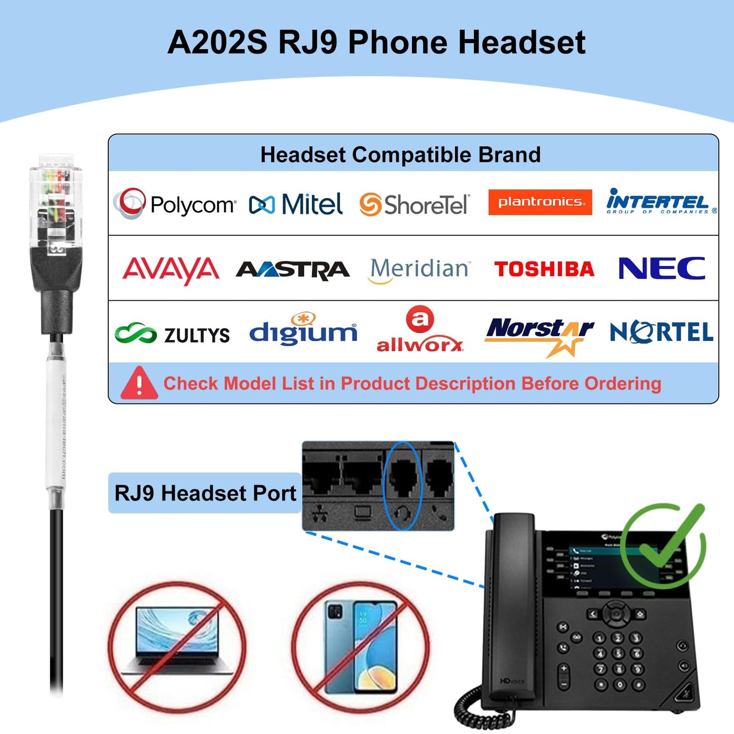 Arama RJ9 Telephone Headset with Microphone Noise Cancelling Office RJ9
