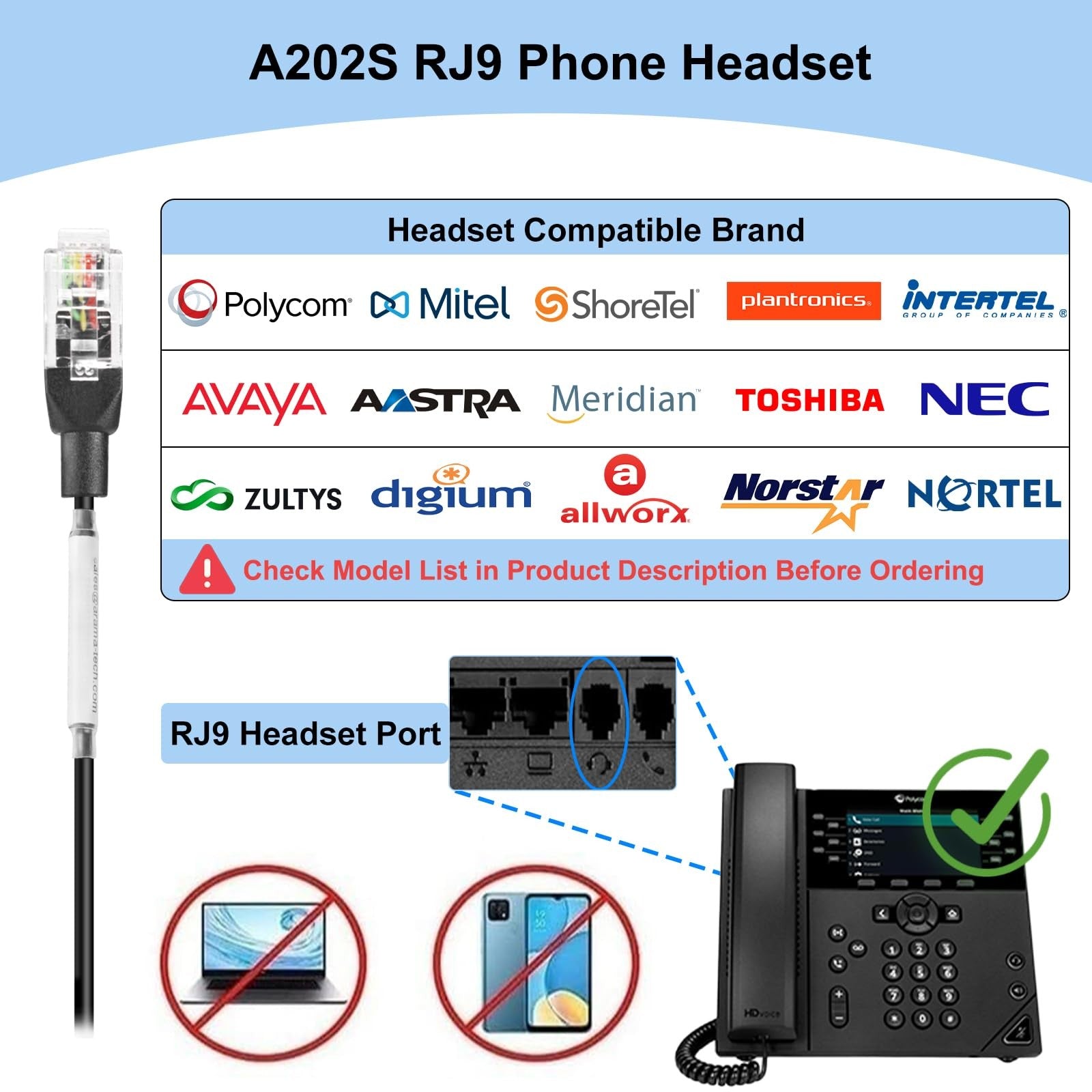 Arama RJ9 Telephone Headset with Microphone Noise Cancelling Office RJ9