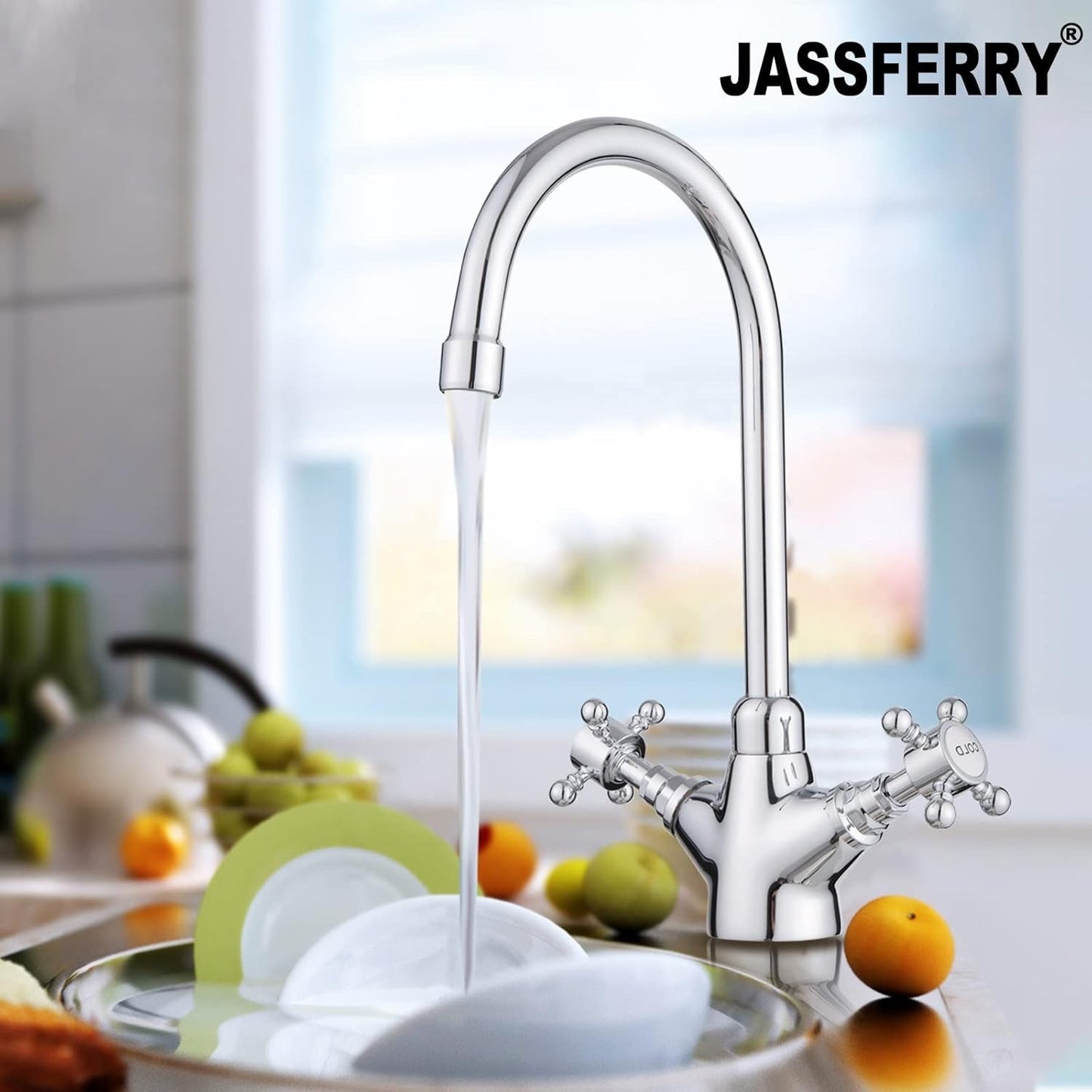 Swan Neck Kitchen Mixer Tap Monobloc Two Crosshead Handles Sink Basin Faucet