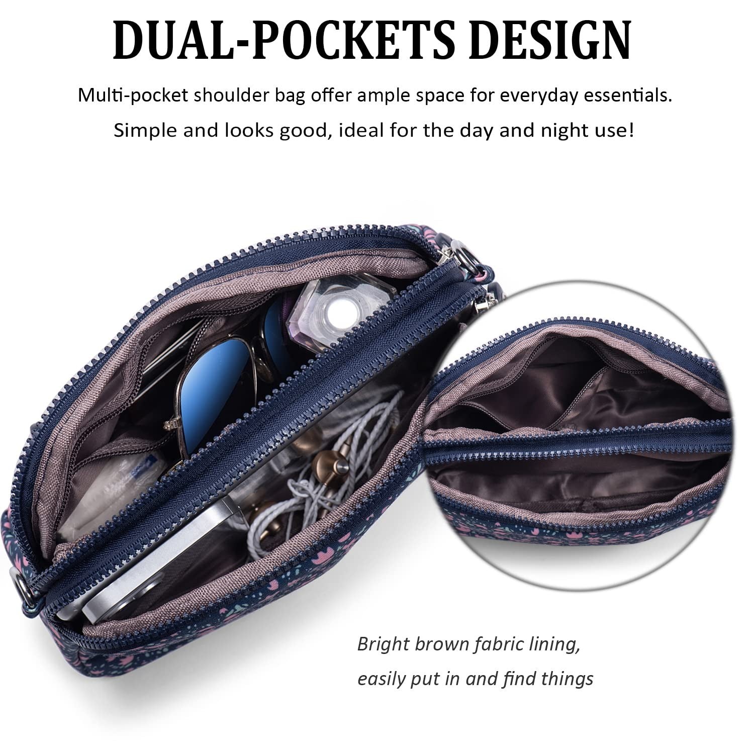 Cross Body Bag Women Multi Pockets Nylon – Blue with Pink Flowers