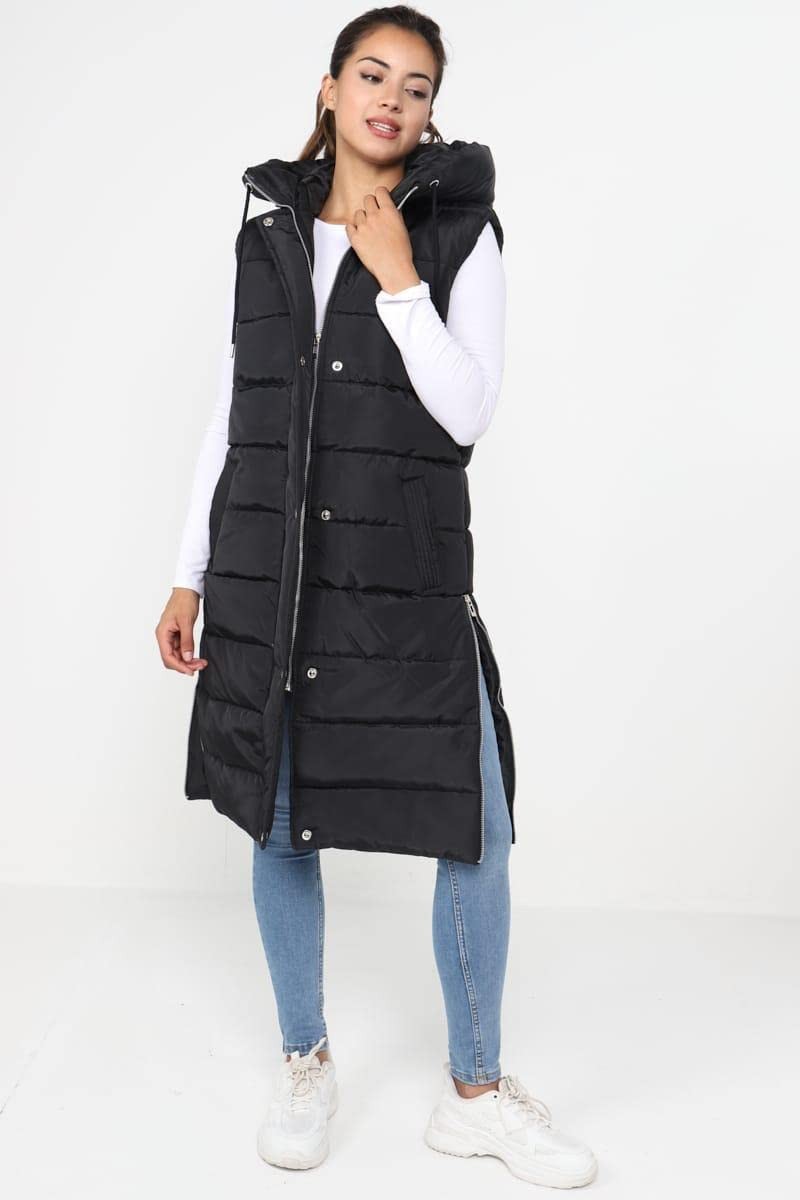 Top Fashion18 Ladies Padded Gilet Longline Hooded Jacket Quilted Winter Wear -L