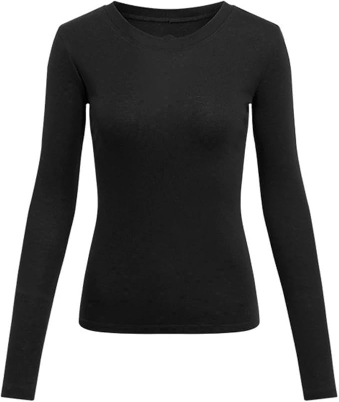 Women's Long Sleeve Ribbed T-Shirt Basic Crewneck Top - Black (Small)