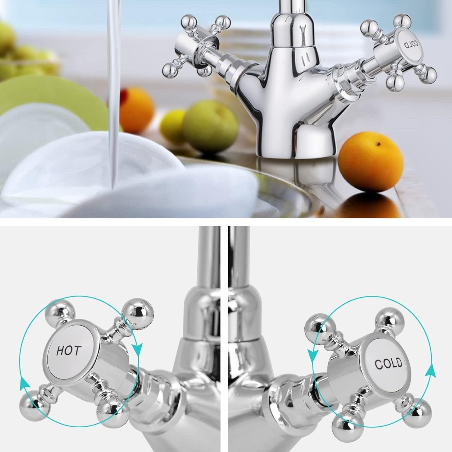 Swan Neck Kitchen Mixer Tap Monobloc Two Crosshead Handles Sink Basin Faucet