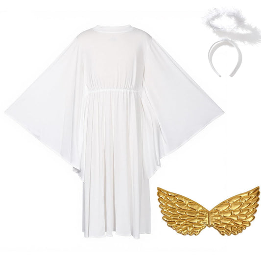 Angel Costume White Dress with Headband & Gold Wings Child M – White M