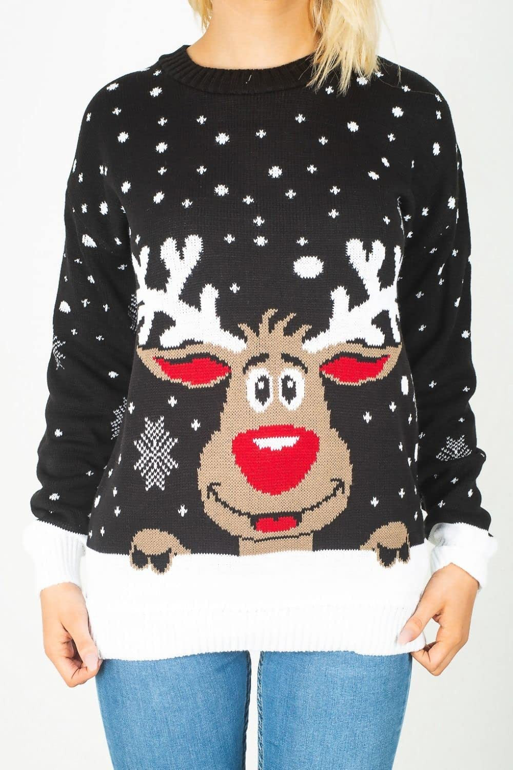 Womens Happy Reindeer Christmas Jumper – Black UK 24-26