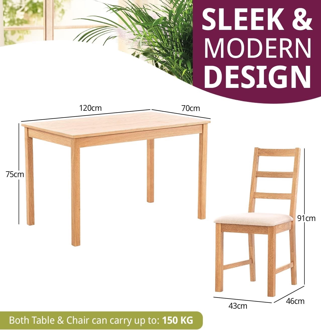 Oak Small Dining Table and Chairs Set 4, Rectangular