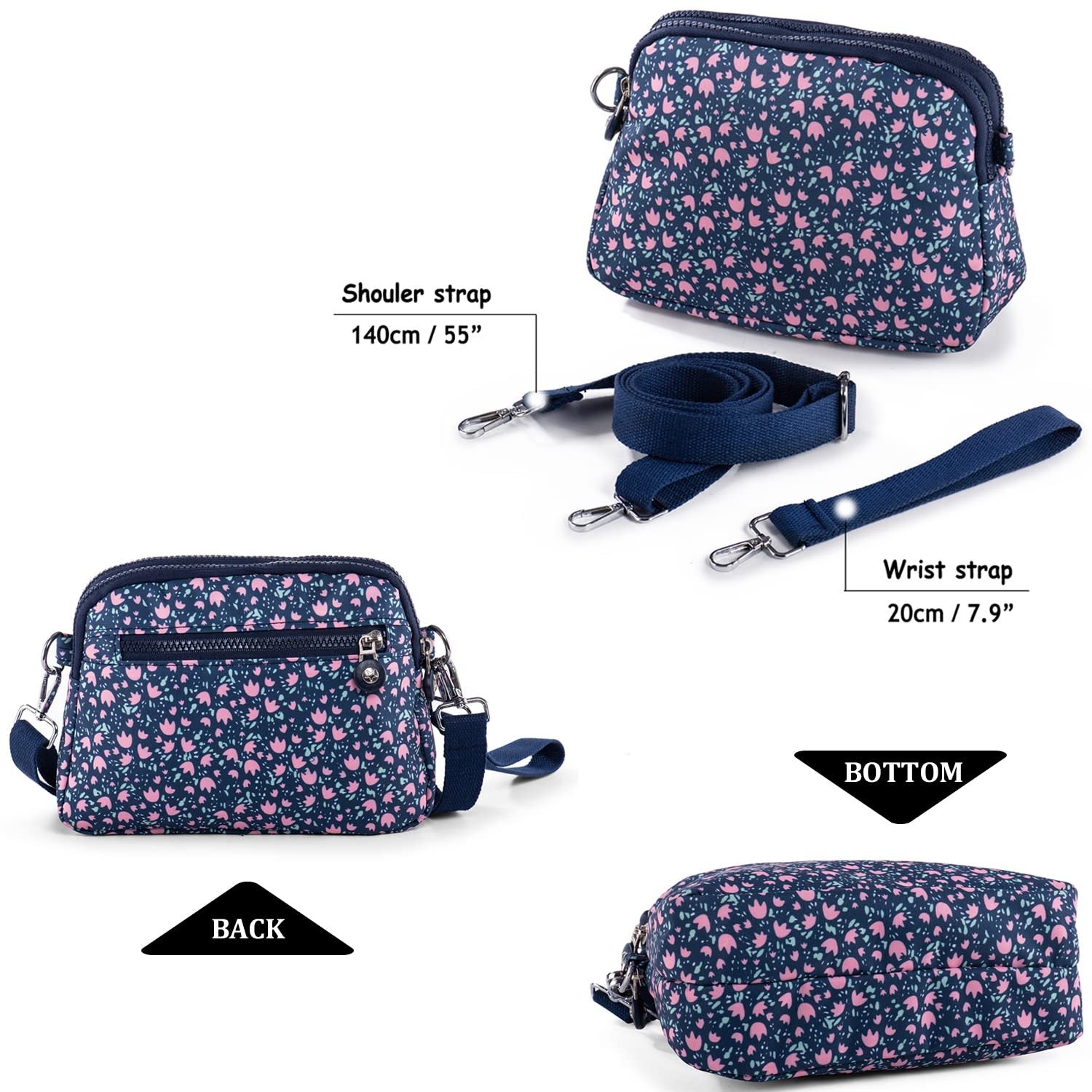 Cross Body Bag Women Multi Pockets Nylon – Blue with Pink Flowers
