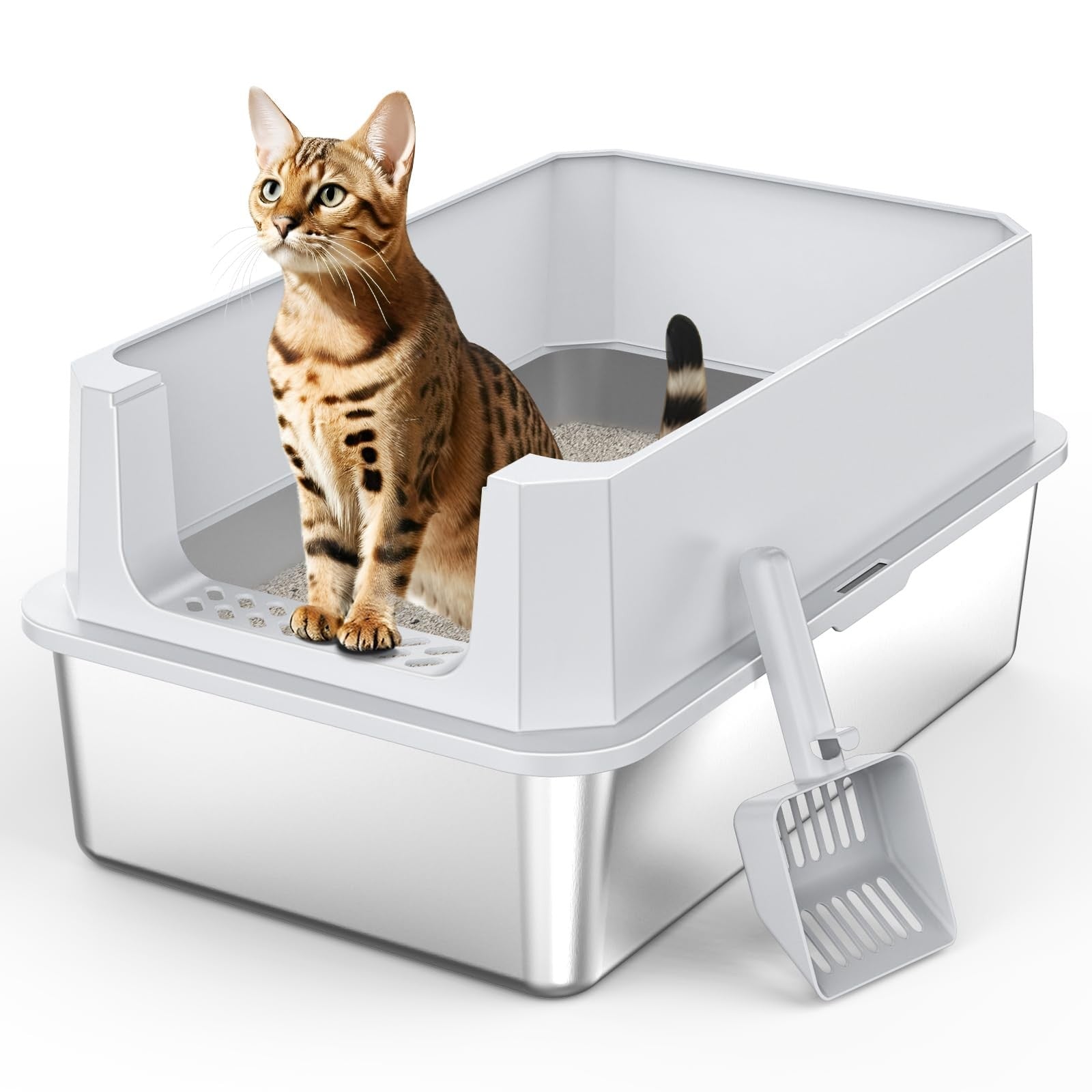 MIXJOY XL Stainless Steel Cat Litter Tray with Lid 37 L Extra Large Metal Box