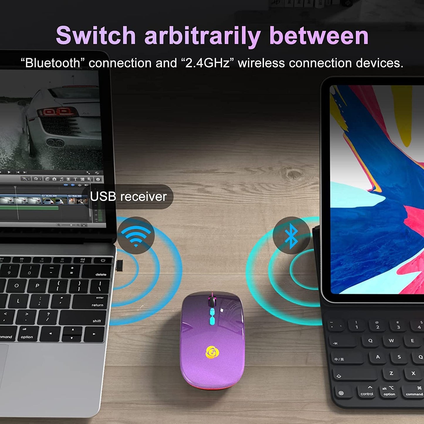 Bluetooth Wireless Mouse with Type-C Receiver Rechargeable 2.4G USB Portable