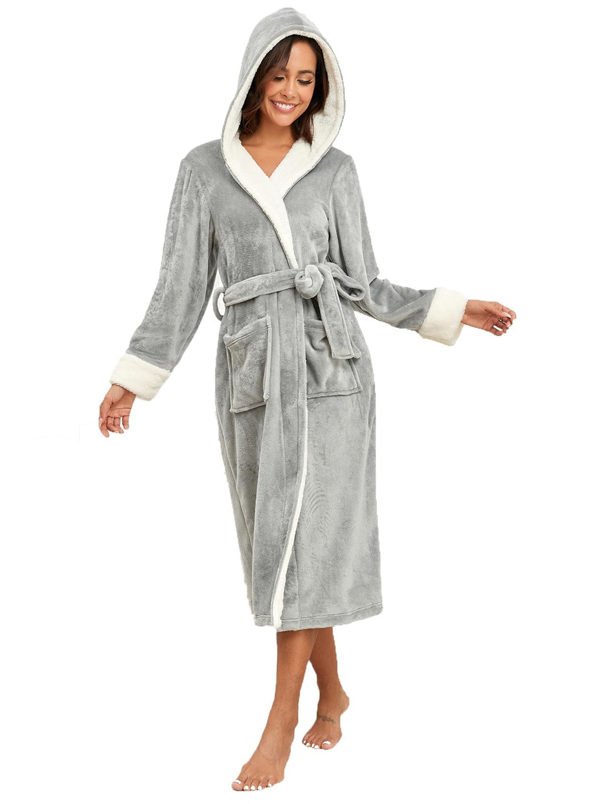 Women's Plush Fleece Hooded Bathrobe Long Robe with Pockets & Belt – Grey S